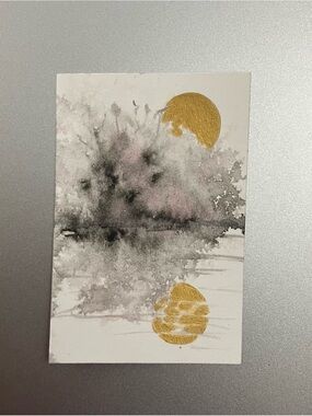 Original sunset tree painting miniature realism art sumi-e style ink gift USA